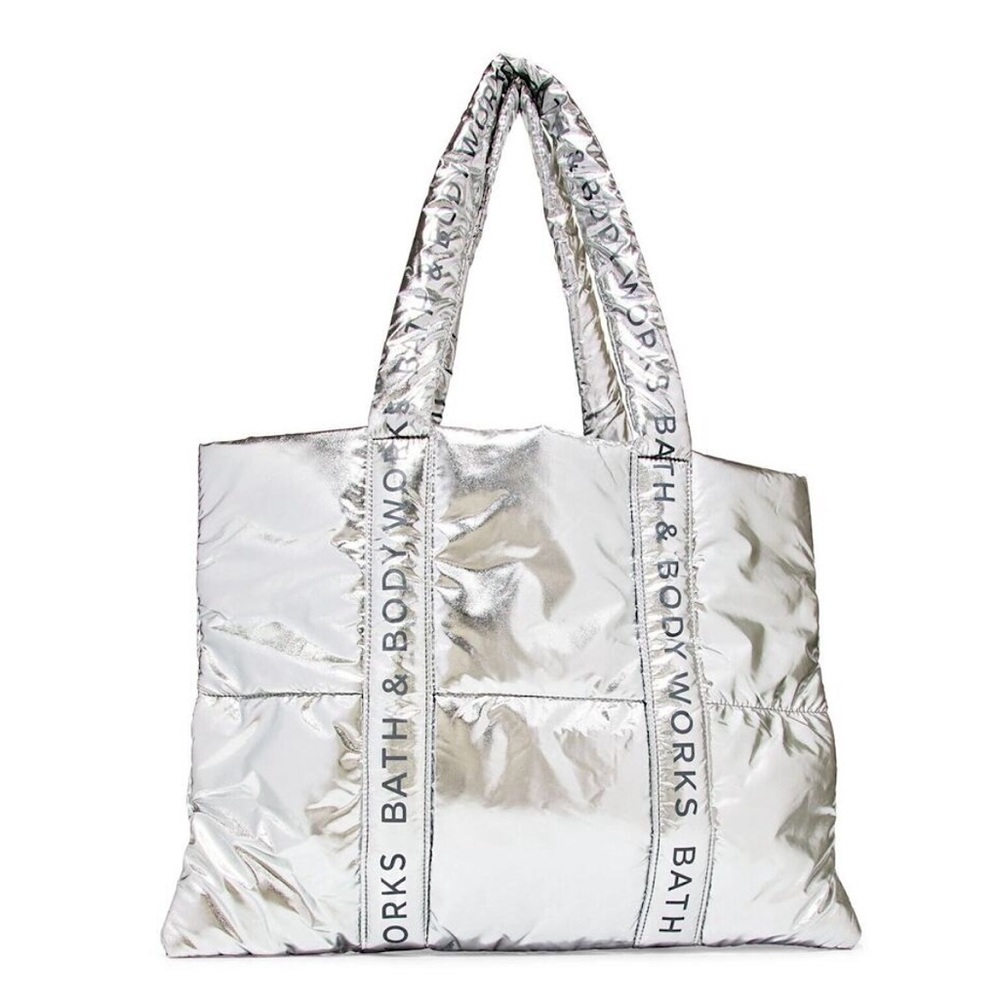Bath & Body Works Silver Puffer Tote Metallic Shimmer Quilted Shoulder Bag